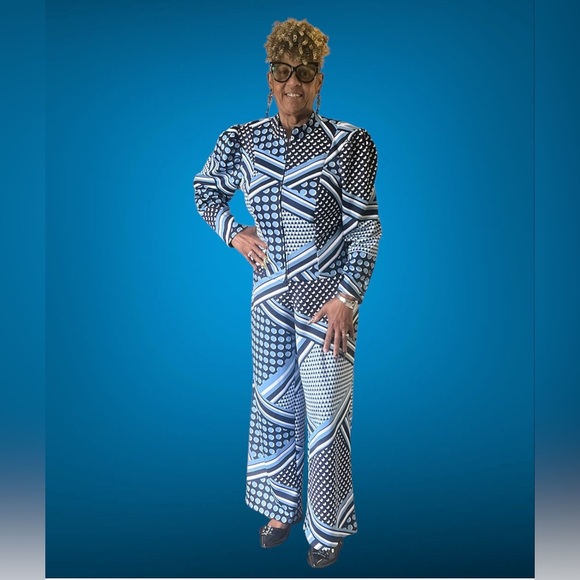 Ashley Stewart Other - Navy, Blue and White Geometric Patterned Pants and Jacket